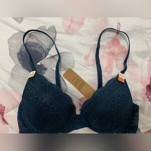 Etam Lace Underwire Bra teal blue 36C sexy comfy push up NWT